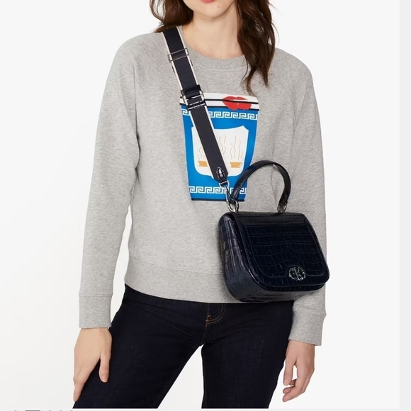Kate Spade Crossbody Top Handle Bag In Dark Navy With Croc-Embossed Print - Picture 1 of 10